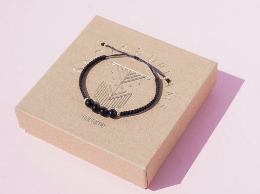 Black Agate & Gold Macrame Bracelet
